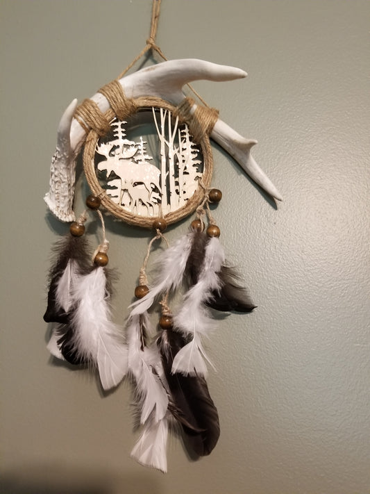 Nature Scene on White Tail Antler Dream Catcher