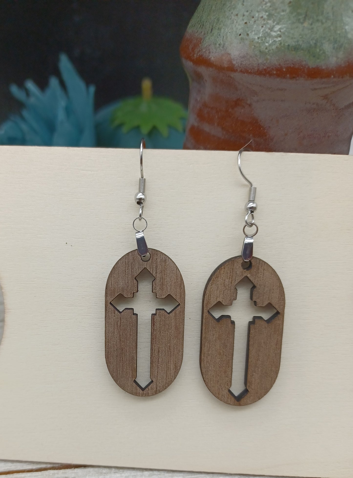 Walnut Cross Cutout  Earrings