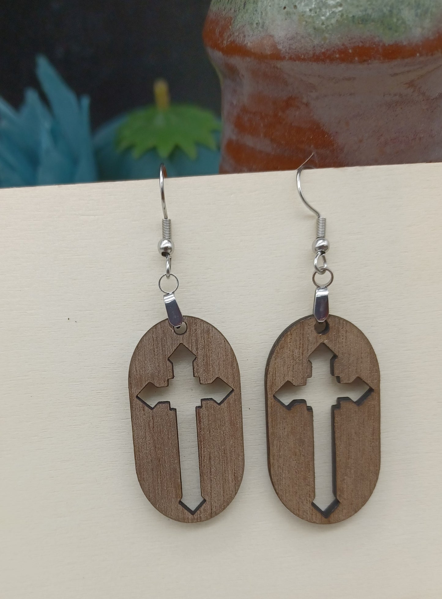 Walnut Cross Cutout  Earrings