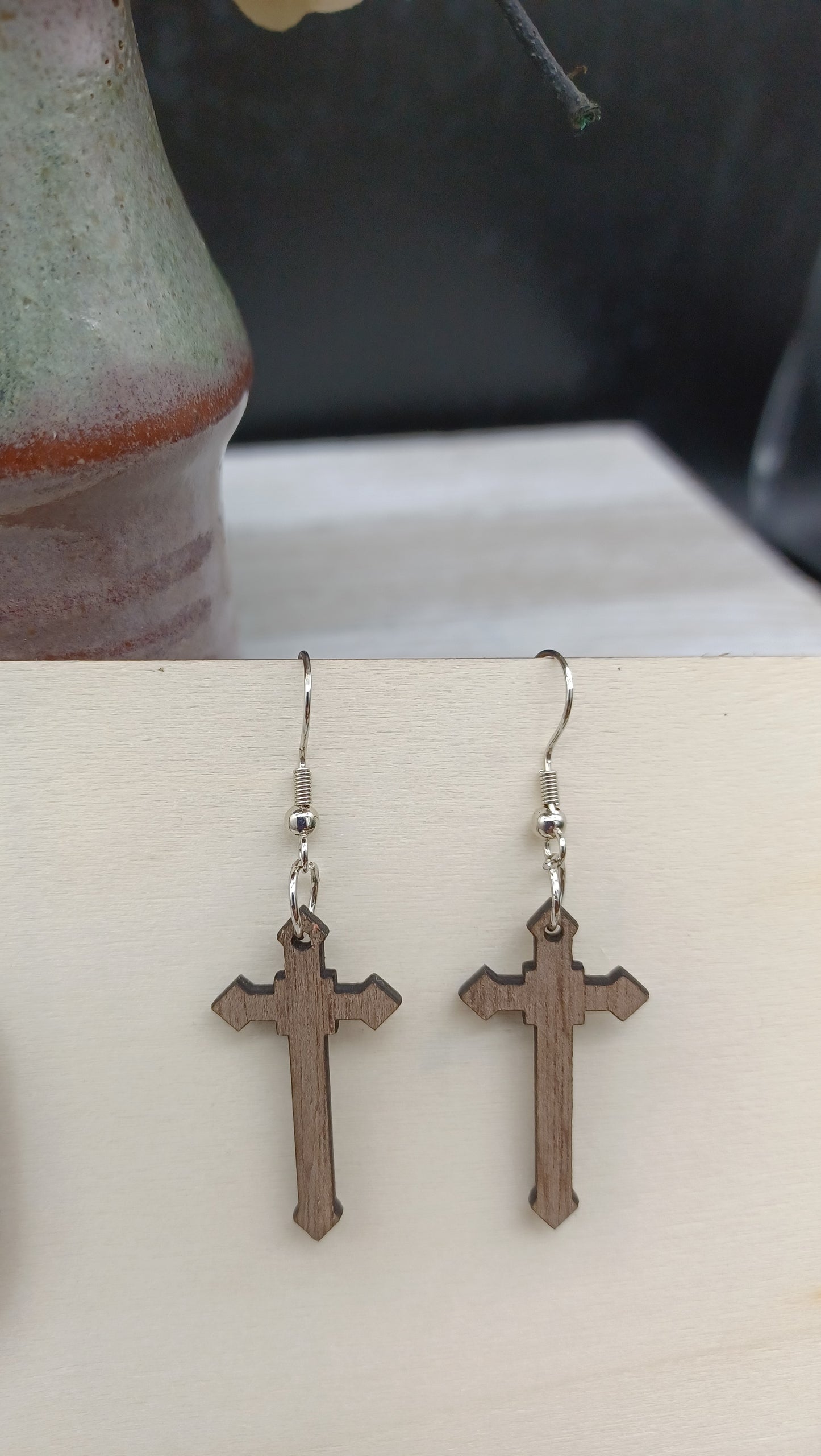 Walnut Cross  Earrings