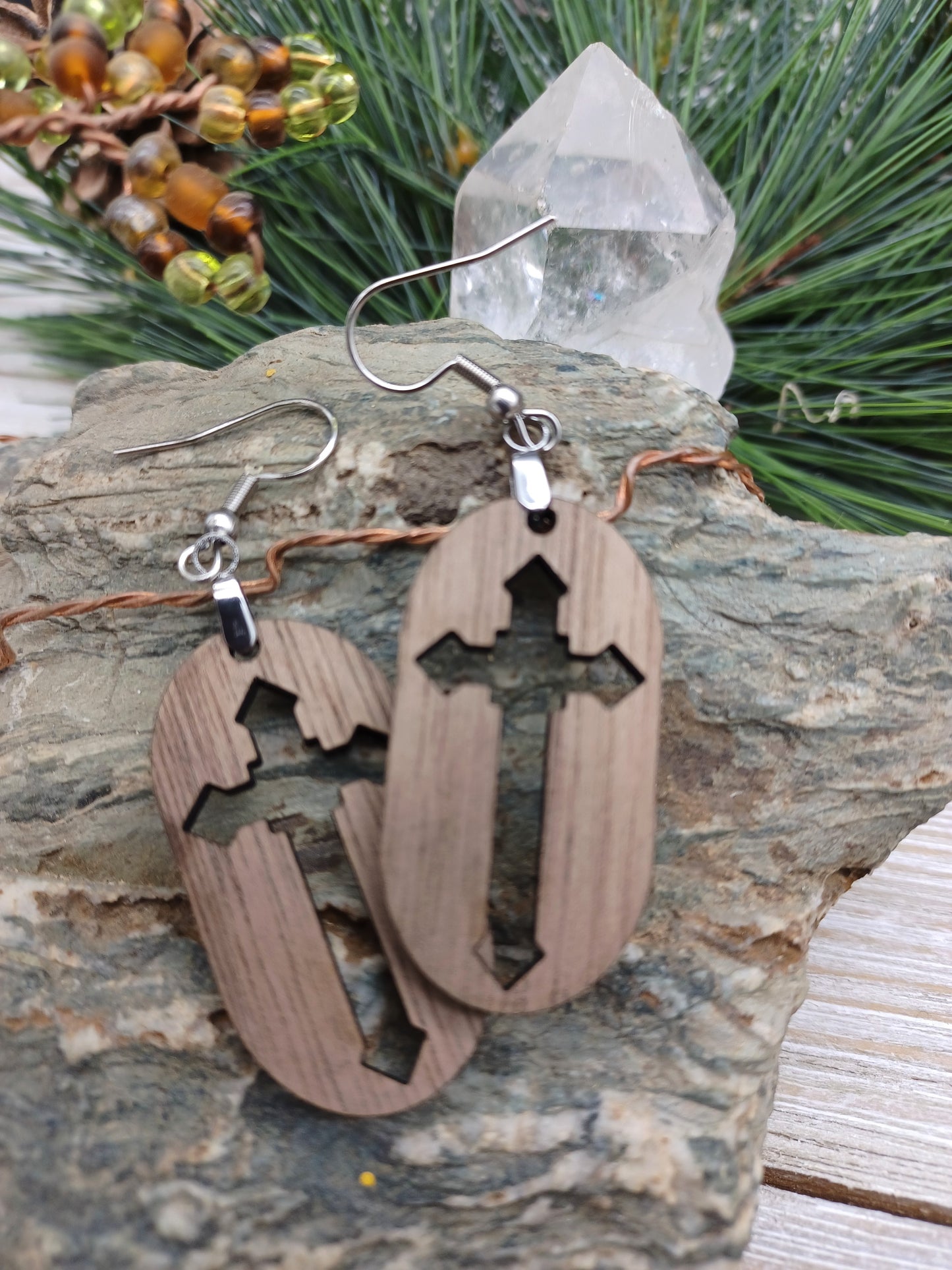 Walnut Cross Cutout  Earrings