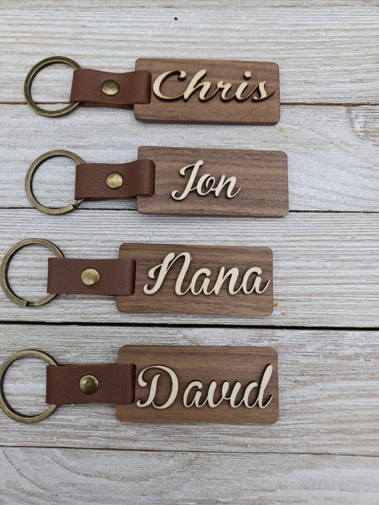 Personalized Walnut & Leather Key Rings