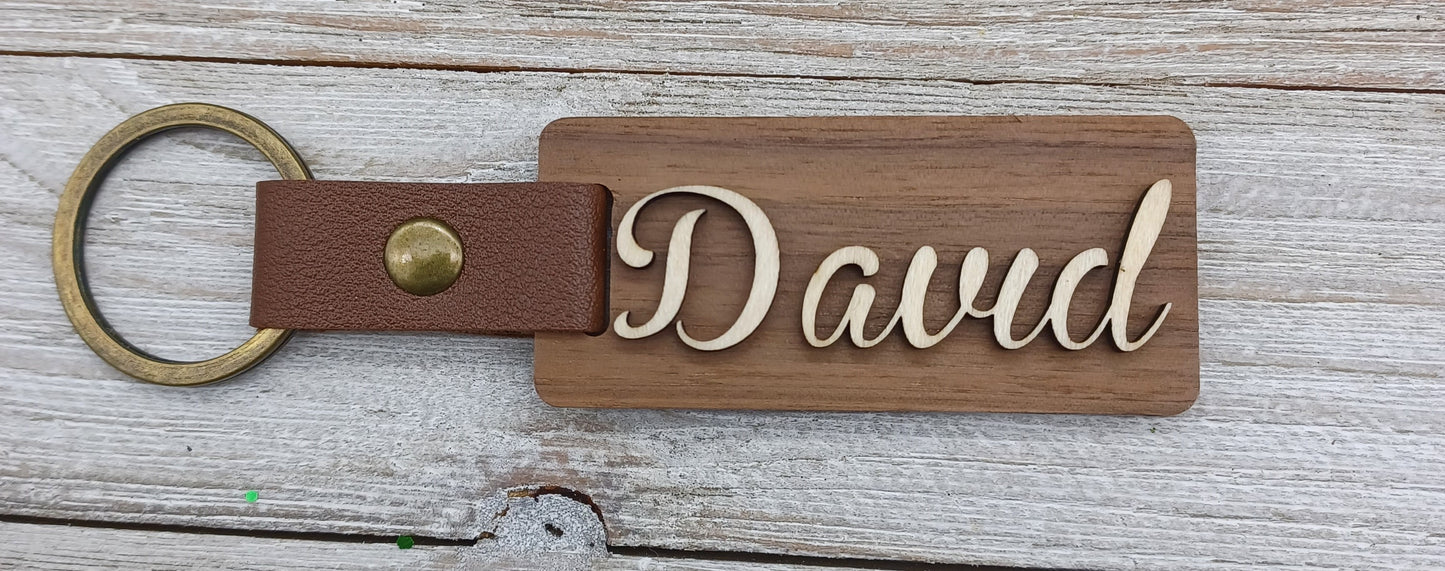 Personalized Walnut & Leather Key Rings