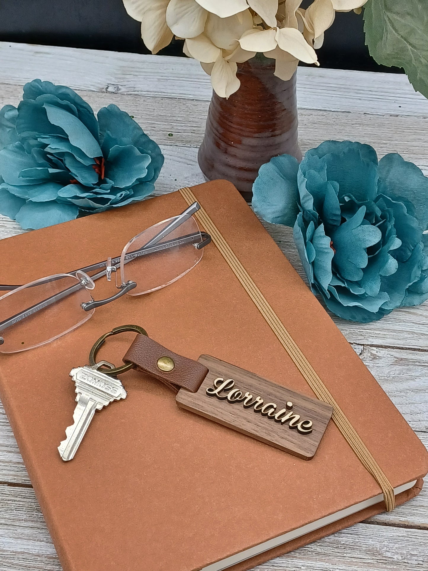 Personalized Walnut & Leather Key Rings